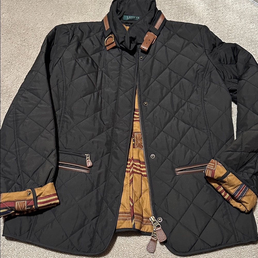 EUC! Ralph Lauren classic Black Quilted Jacket with Tan Details